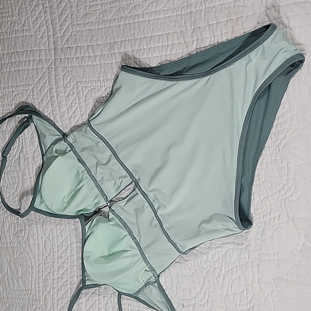 Women's Green One Piece Swimsuit with Unique Cutouts and Structured Bustier - Picture 10 of 11